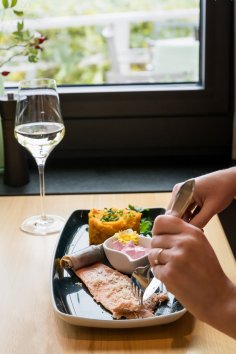 einFischgericht und ein Glas Wein 