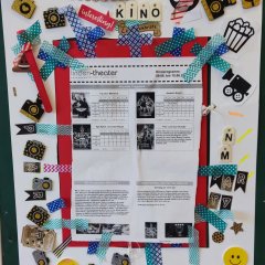 Ein gebasteltes Bild zum Lindentheater in Geisenheim, mit Aufklebern und dem Kinoprogramm des Lindentheaters 