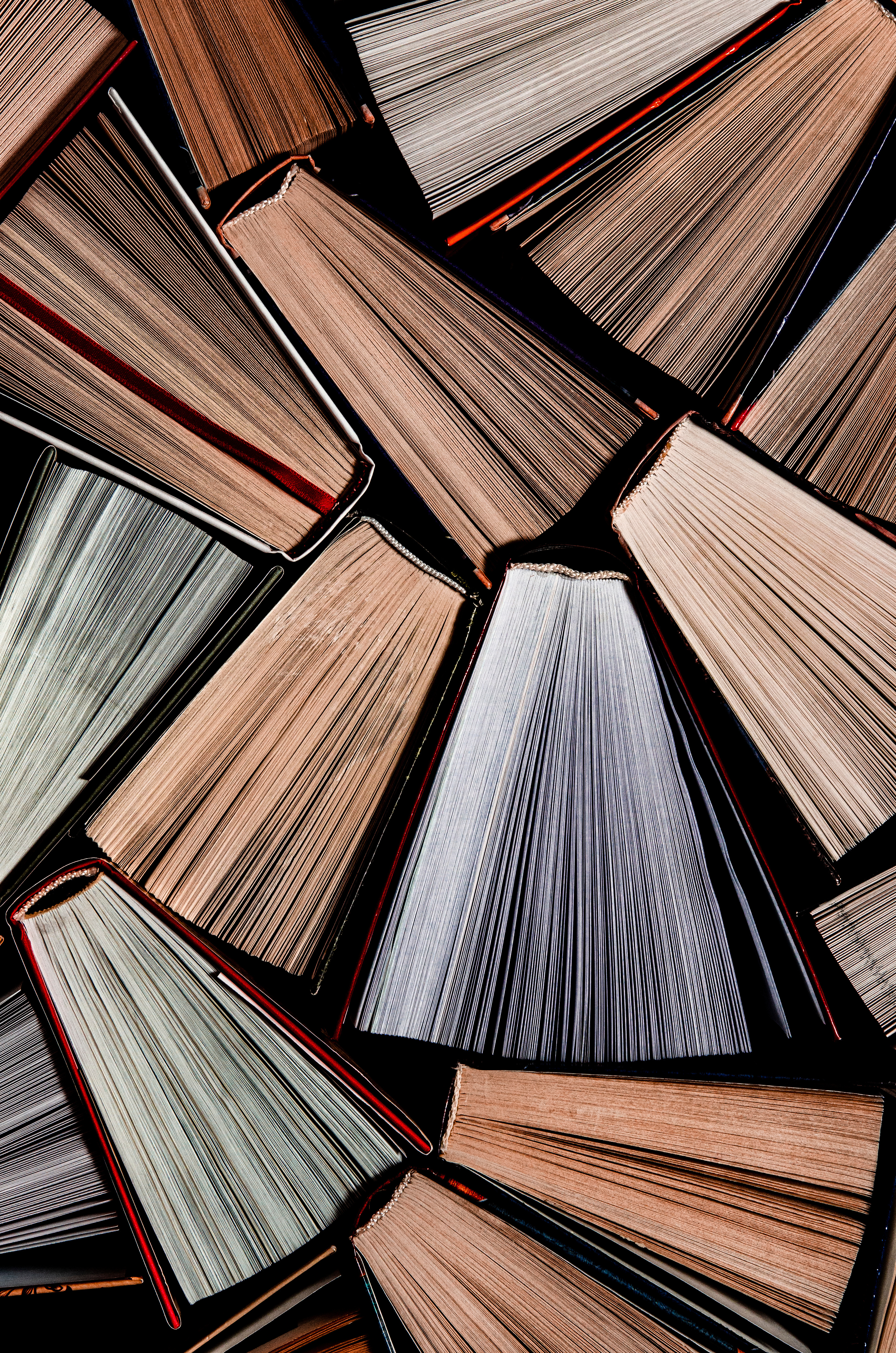 Books. Lots of colourful thick open books stand on a dark background