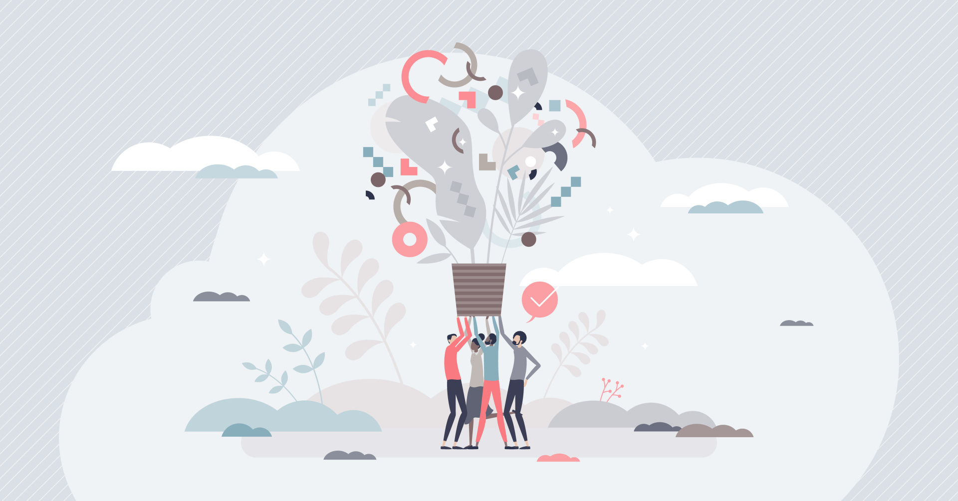 Graphik von vielen Personen, die in der Natur stehen und eine Glühbirne mit Pflanzen, Kopfhörern und anderen Sachen hochhalten