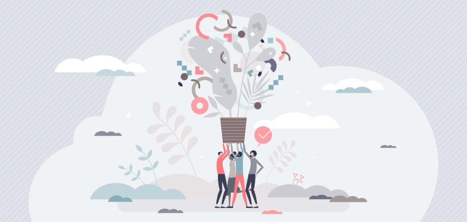 Graphik von vielen Personen, die in der Natur stehen und eine Glühbirne mit Pflanzen, Kopfhörern und anderen Sachen hochhalten