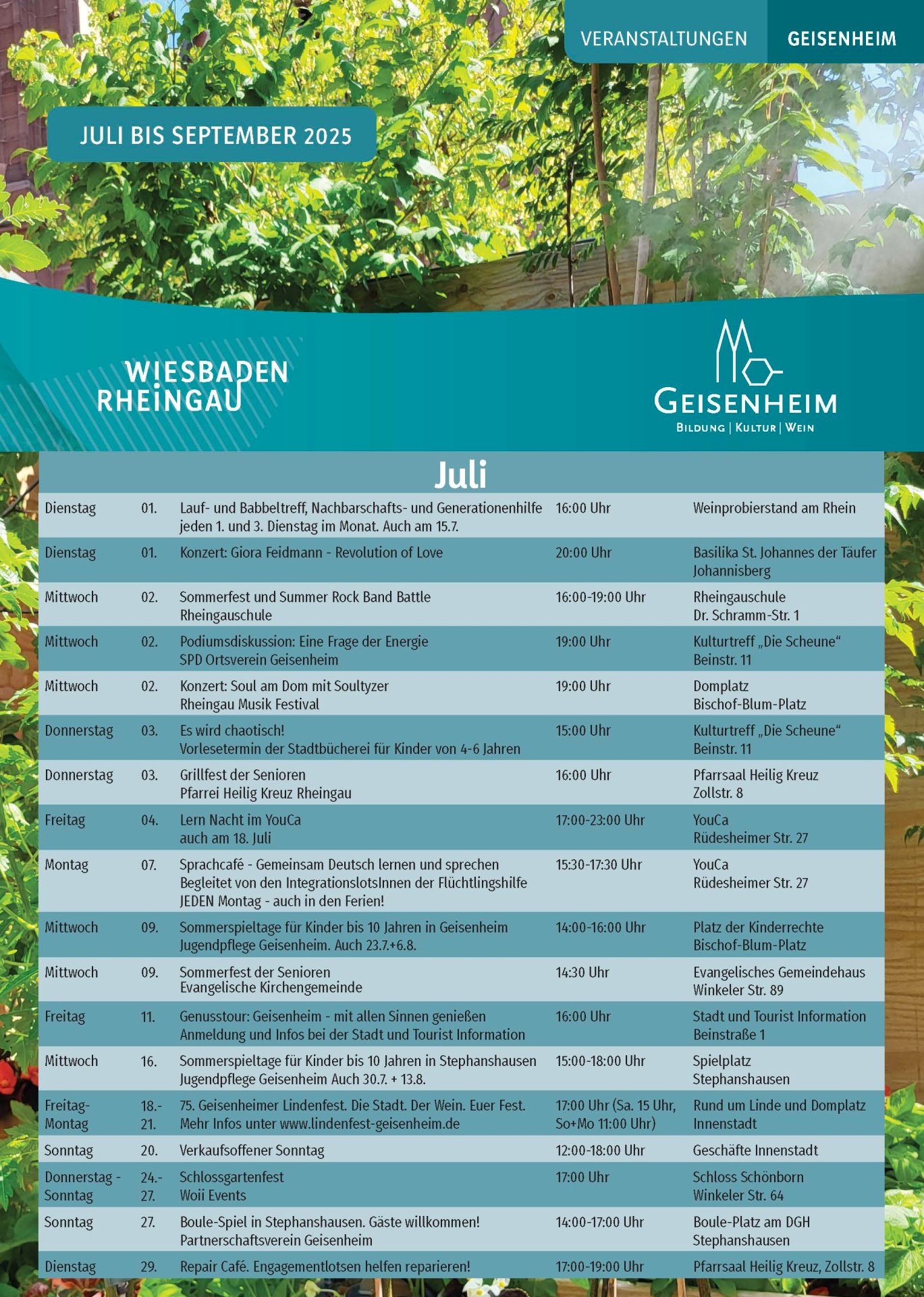 Veranstaltungskalender Juli bis September