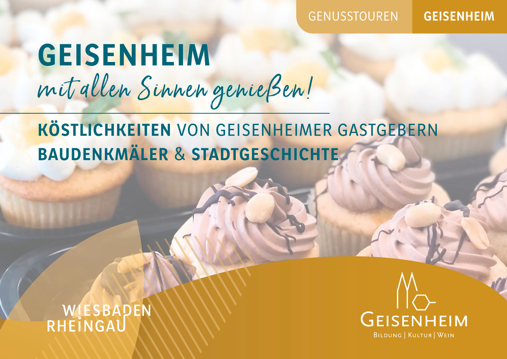 Flyer Genusstouren 2025 mit Törtchen im Hintergrund