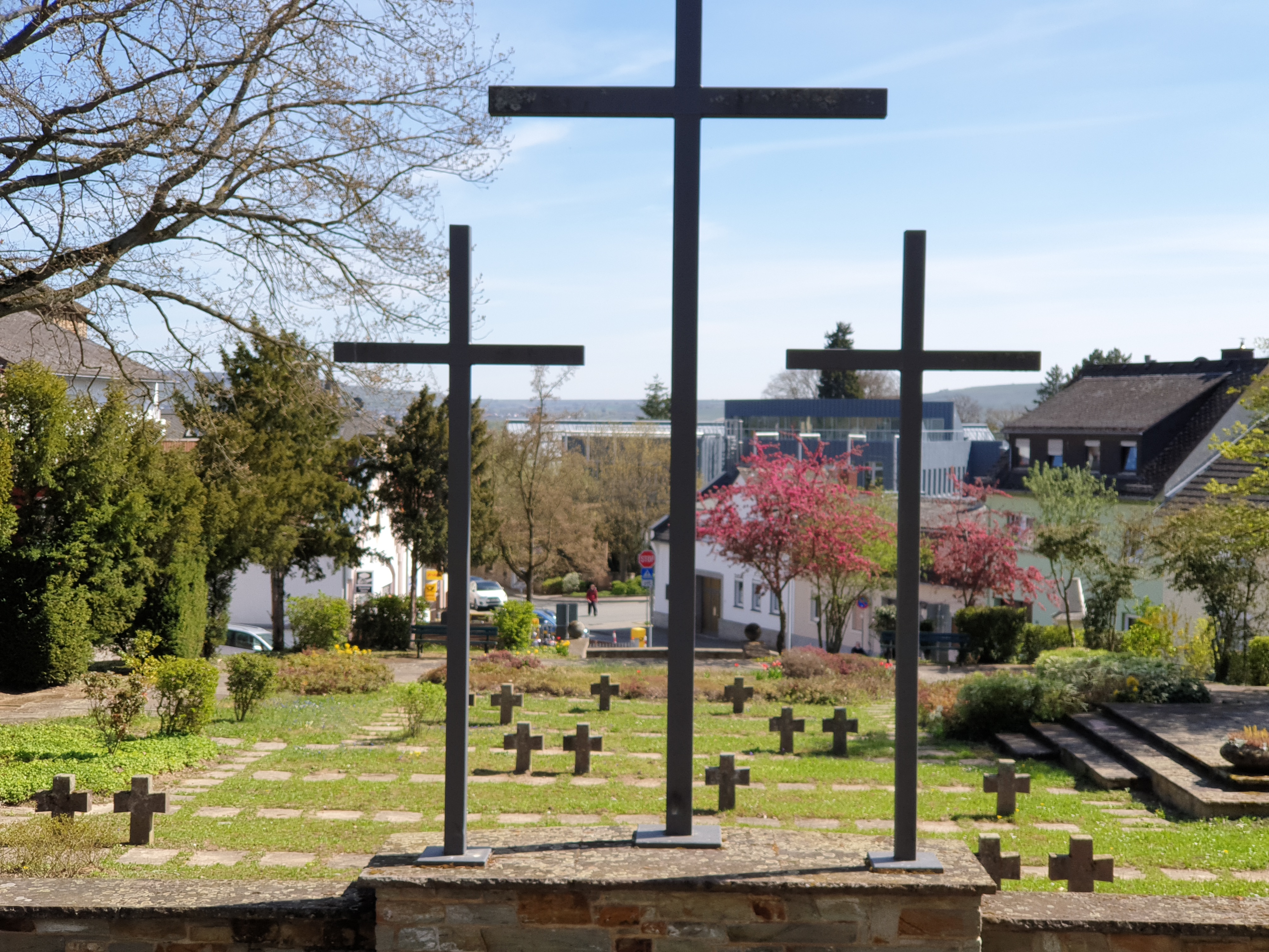Kreuze auf dem Ehrenfriedhof Geisenheim mit der Stadt im Hintergrund