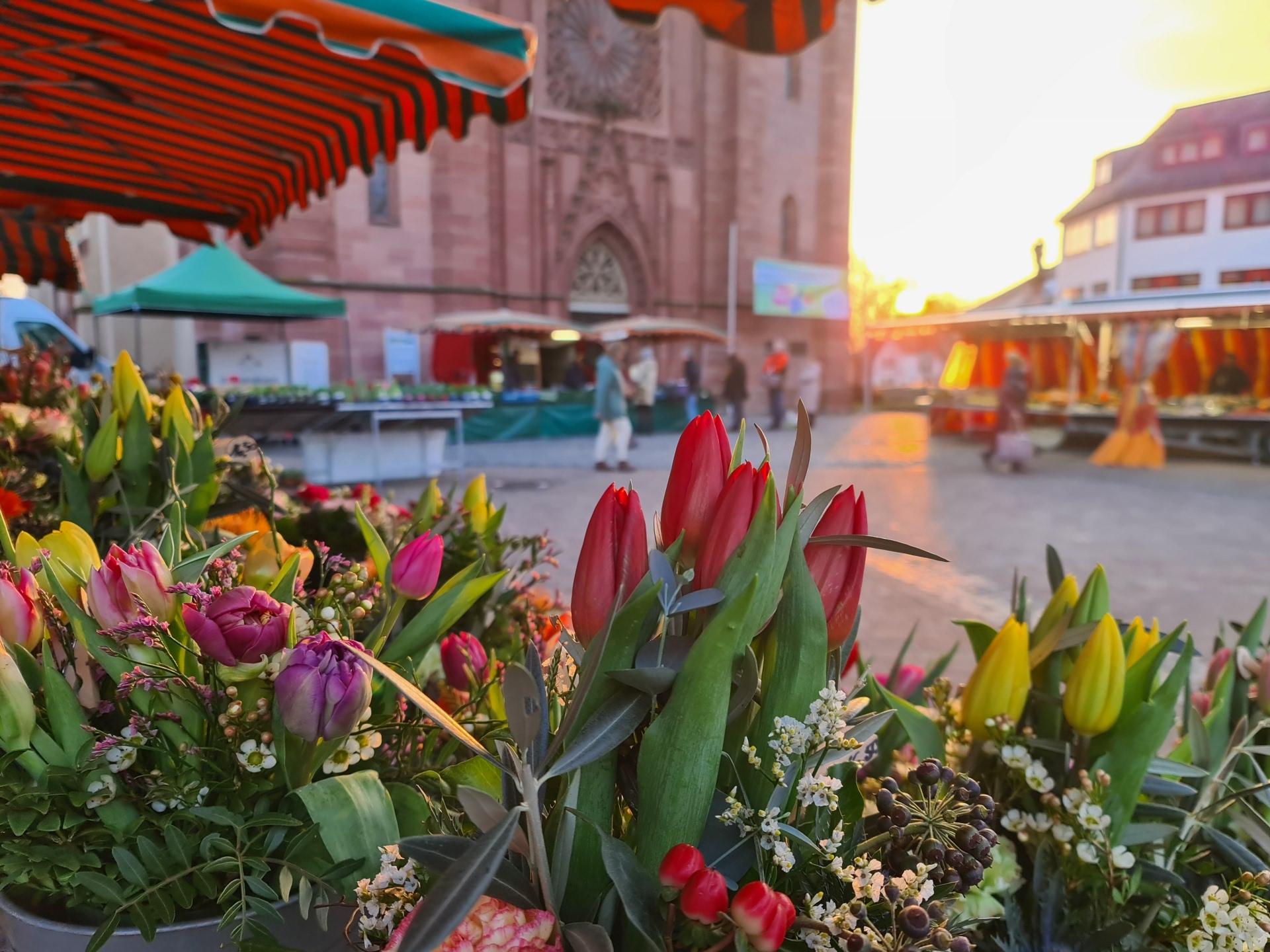 Wochenmarkt bei Sonnenaufgang mit Blumen im Vordergrund