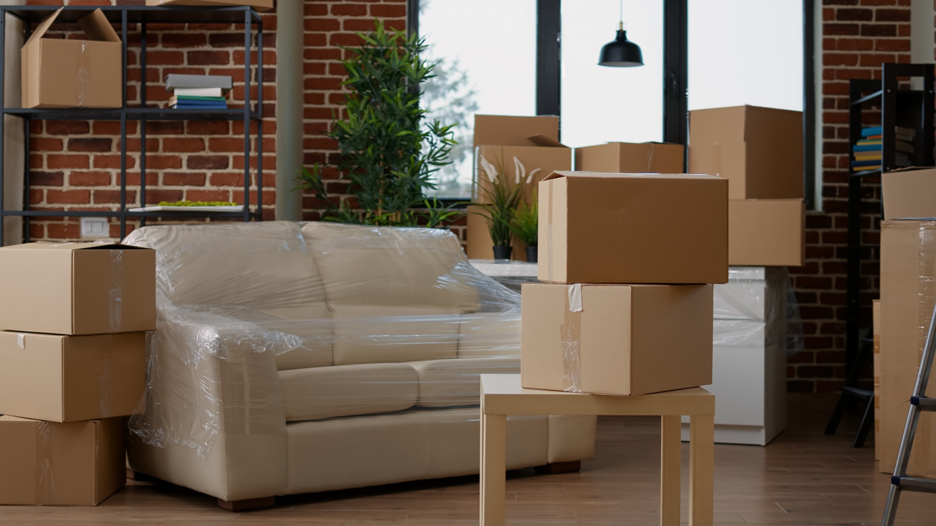 Sofa in Folie und Umzugskartons