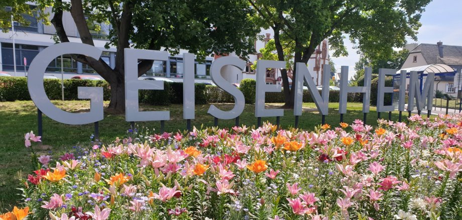 Blumenbeet vor dem Geisenheim Schriftzug