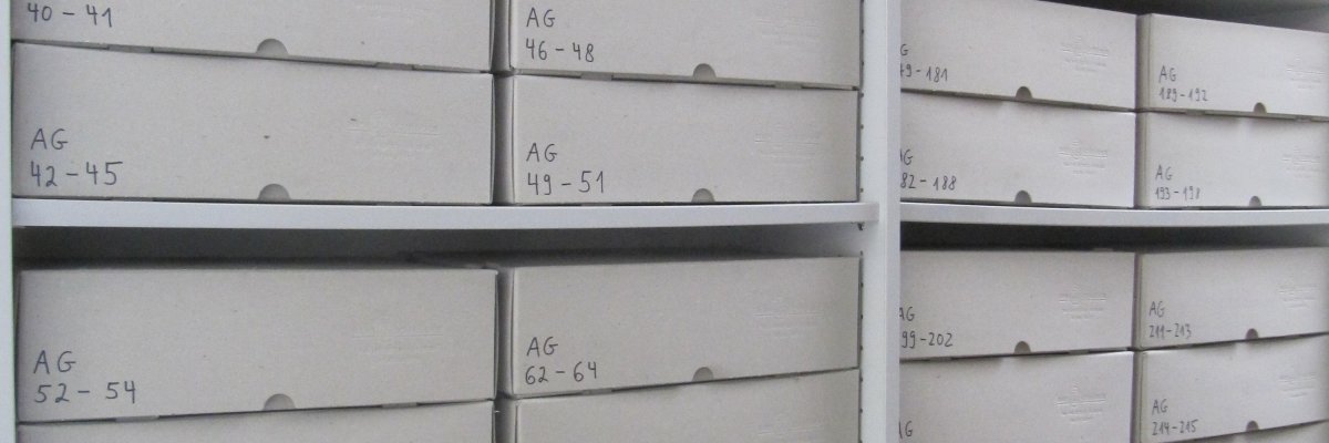 Schrank mit vielen Kisten