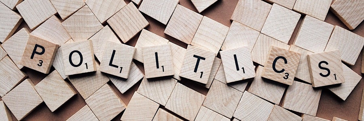 das englische Wort politics ausgeschrieben mit Holzbuchstaben