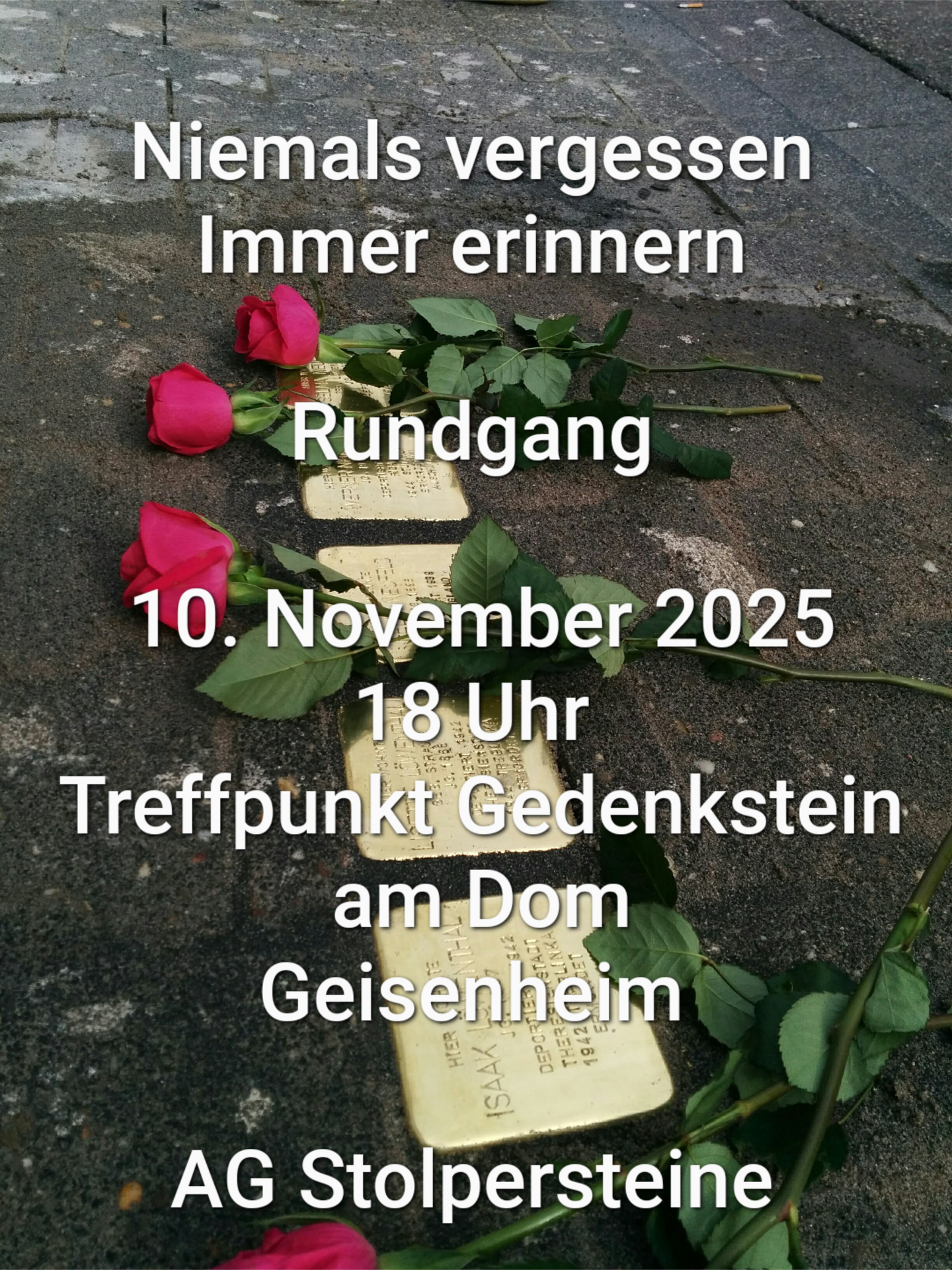Stolpersteine mit Rosen bedeckt dazu der Ankündigungstext