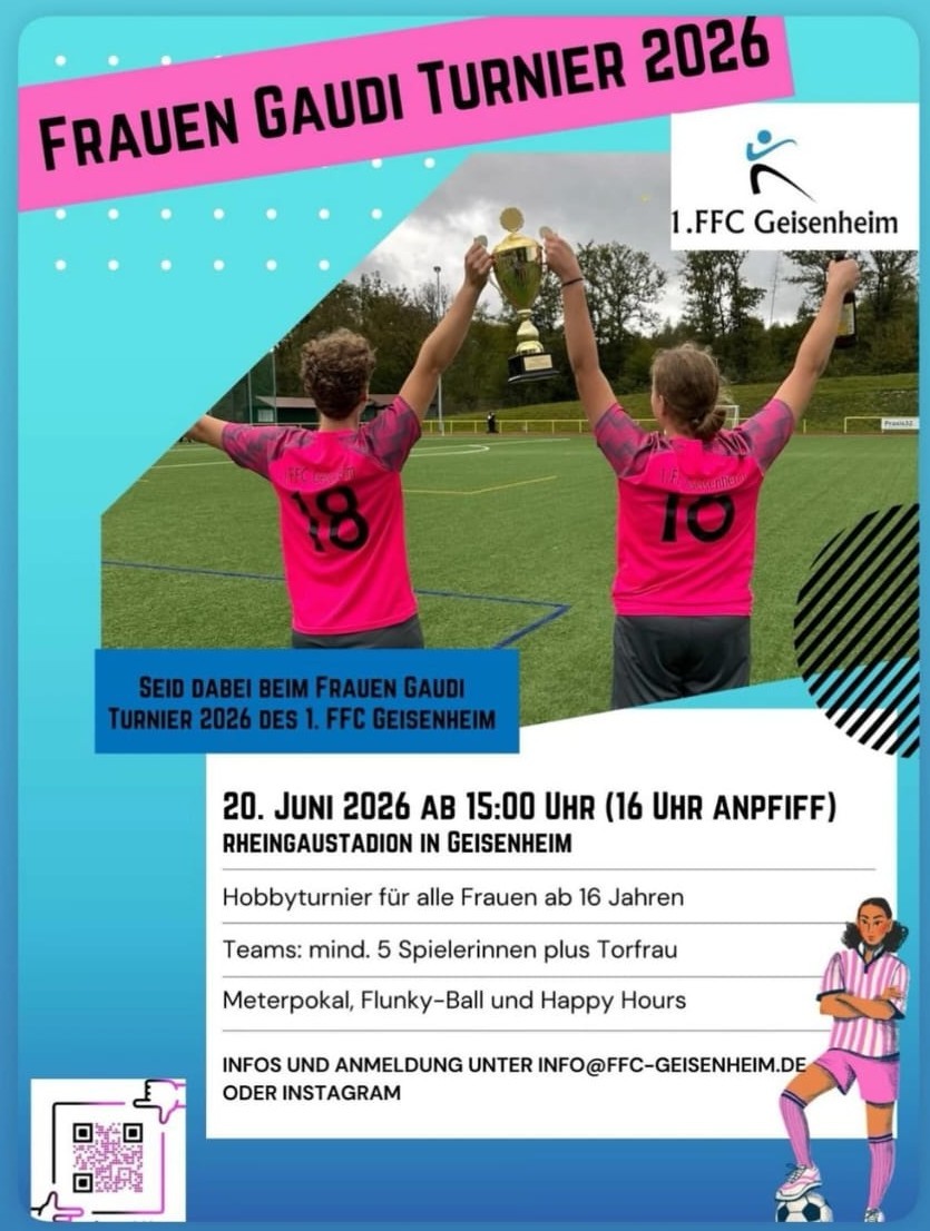 Flyer Frauen Gaudi Turnier 2026 Zwei Fußballerinnen halten Pokal zwischen sich hoch
