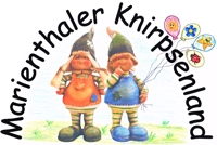 Logo Marienthaler Knirpsenland mit zwei Zwergen mit Blumenluftballons